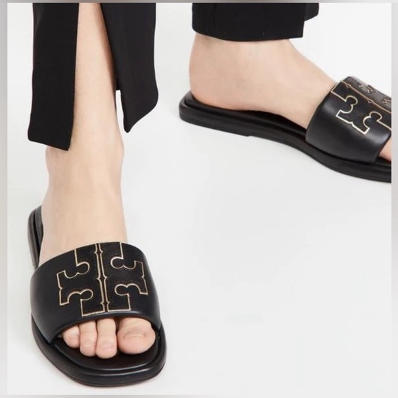 Tory Burch Double T Sport Slides Black Slides with Gold Emblem - Picture 12 of 12